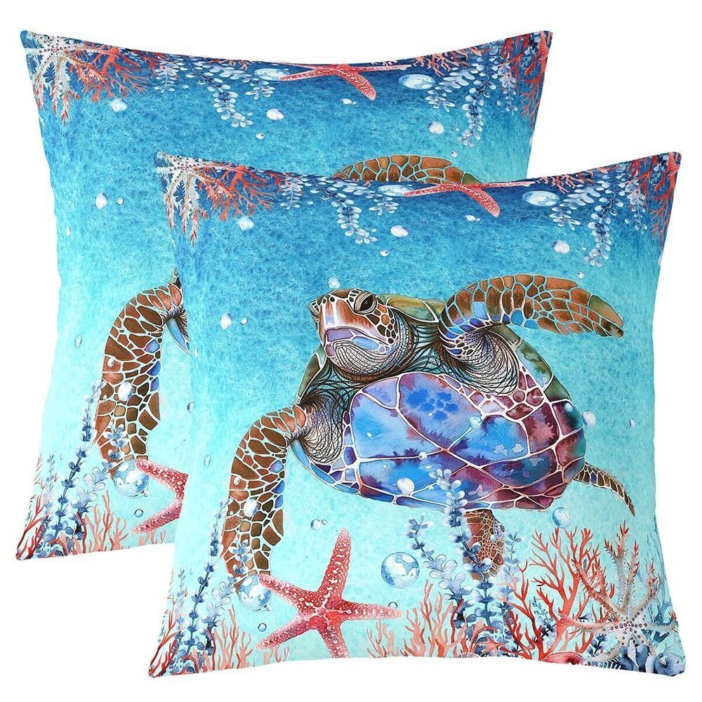 1343 Sea Turtle Throw Pillow Covers 18"x18" Set of 2 Starfish Decorative